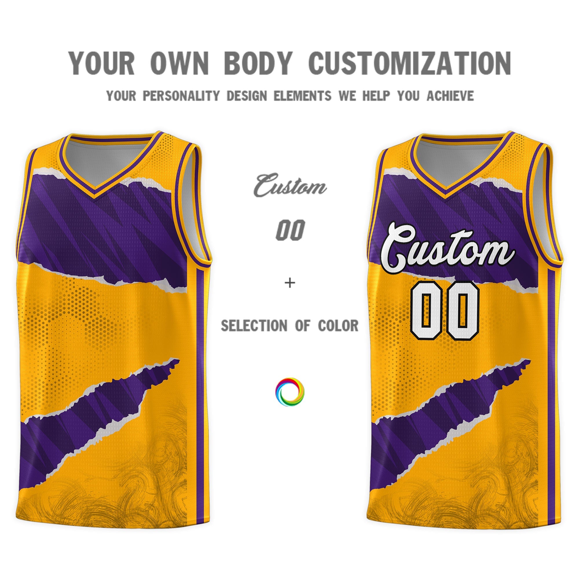 Custom Yellow Purple-Black Tear Graffiti Pattern Sports Uniform Basketball Jersey