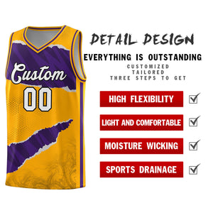 Custom Yellow Purple-Black Tear Graffiti Pattern Sports Uniform Basketball Jersey