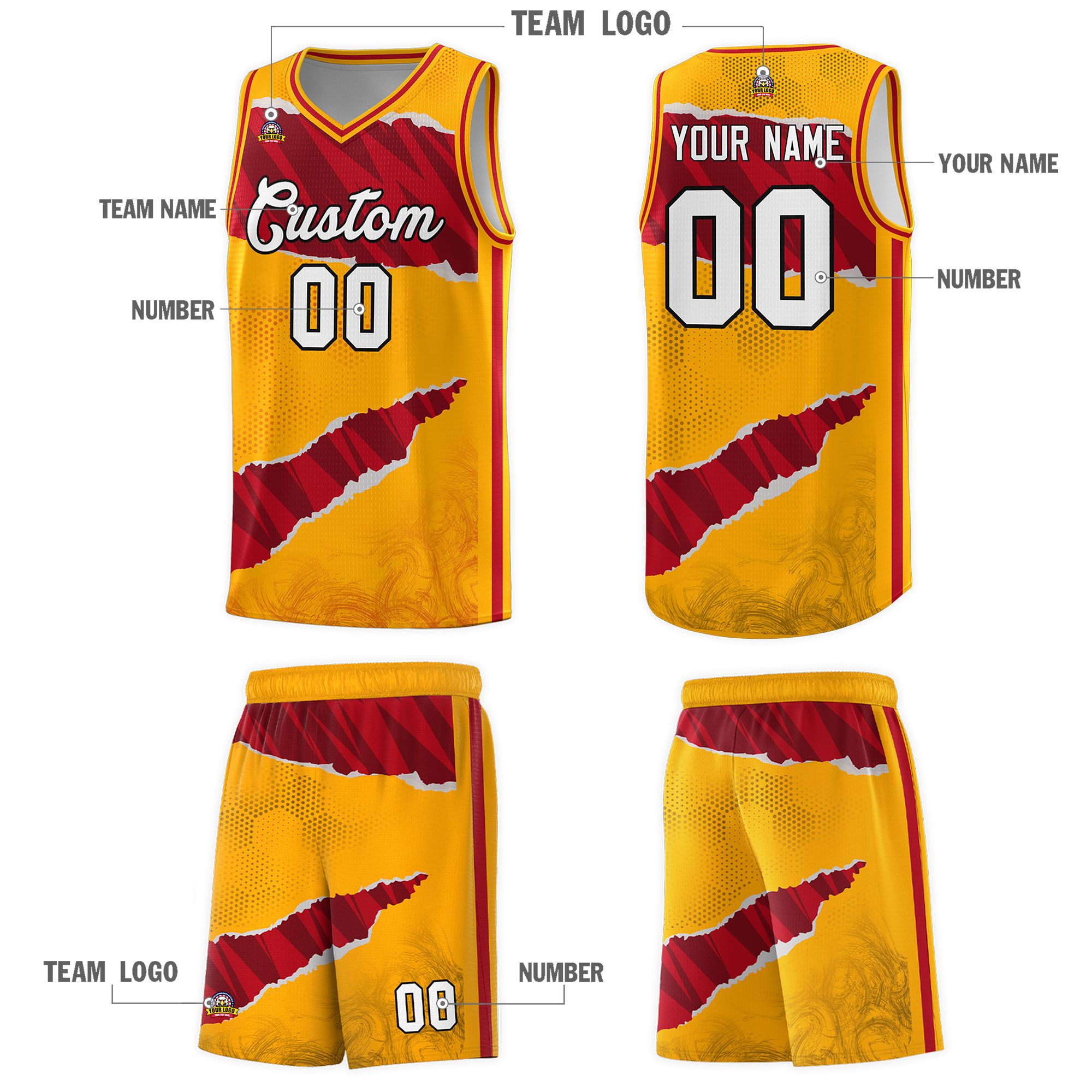 Custom Yellow Red-Black Tear Graffiti Pattern Sports Uniform Basketball Jersey