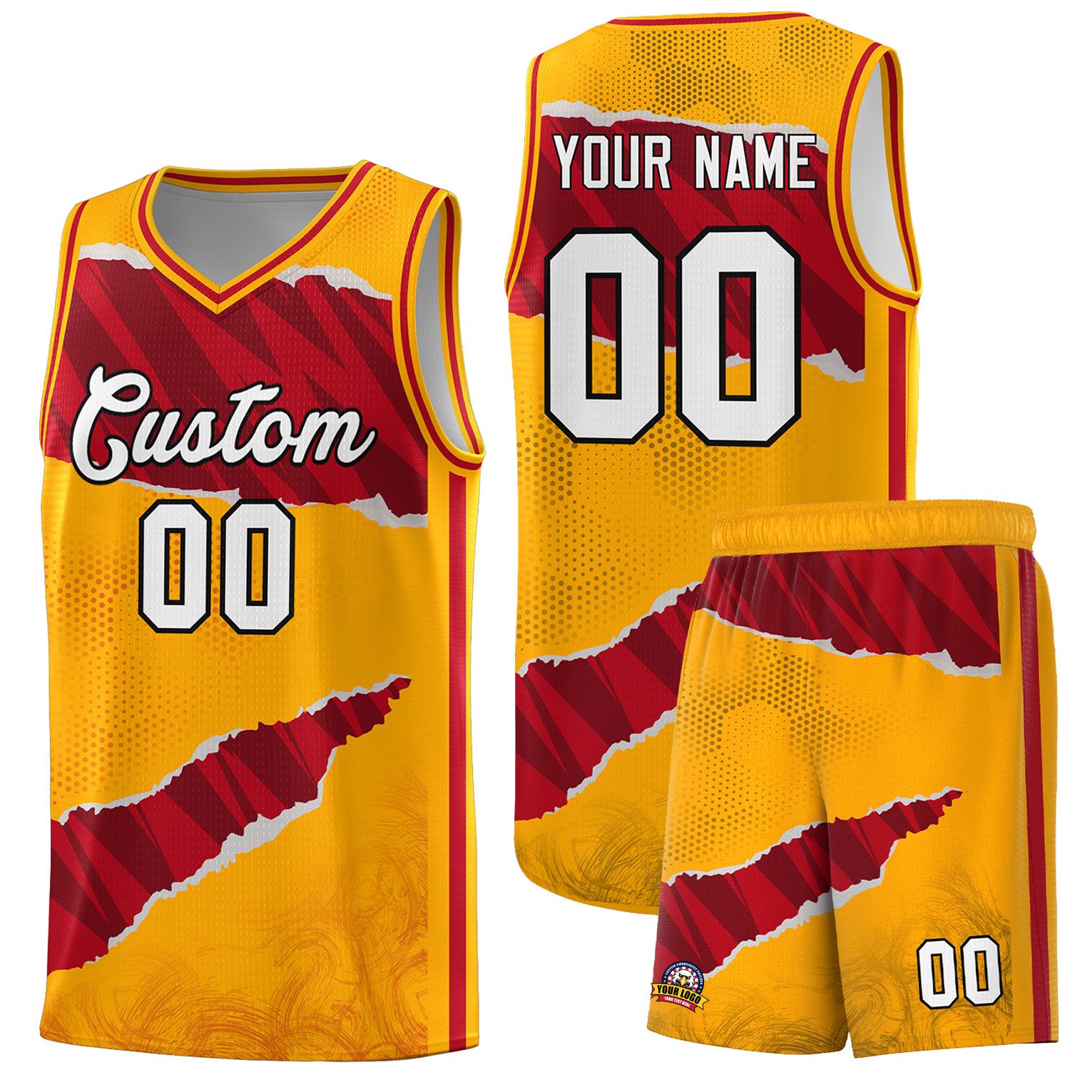 Custom Yellow Red-Black Tear Graffiti Pattern Sports Uniform Basketball Jersey