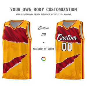 Custom Yellow Red-Black Tear Graffiti Pattern Sports Uniform Basketball Jersey