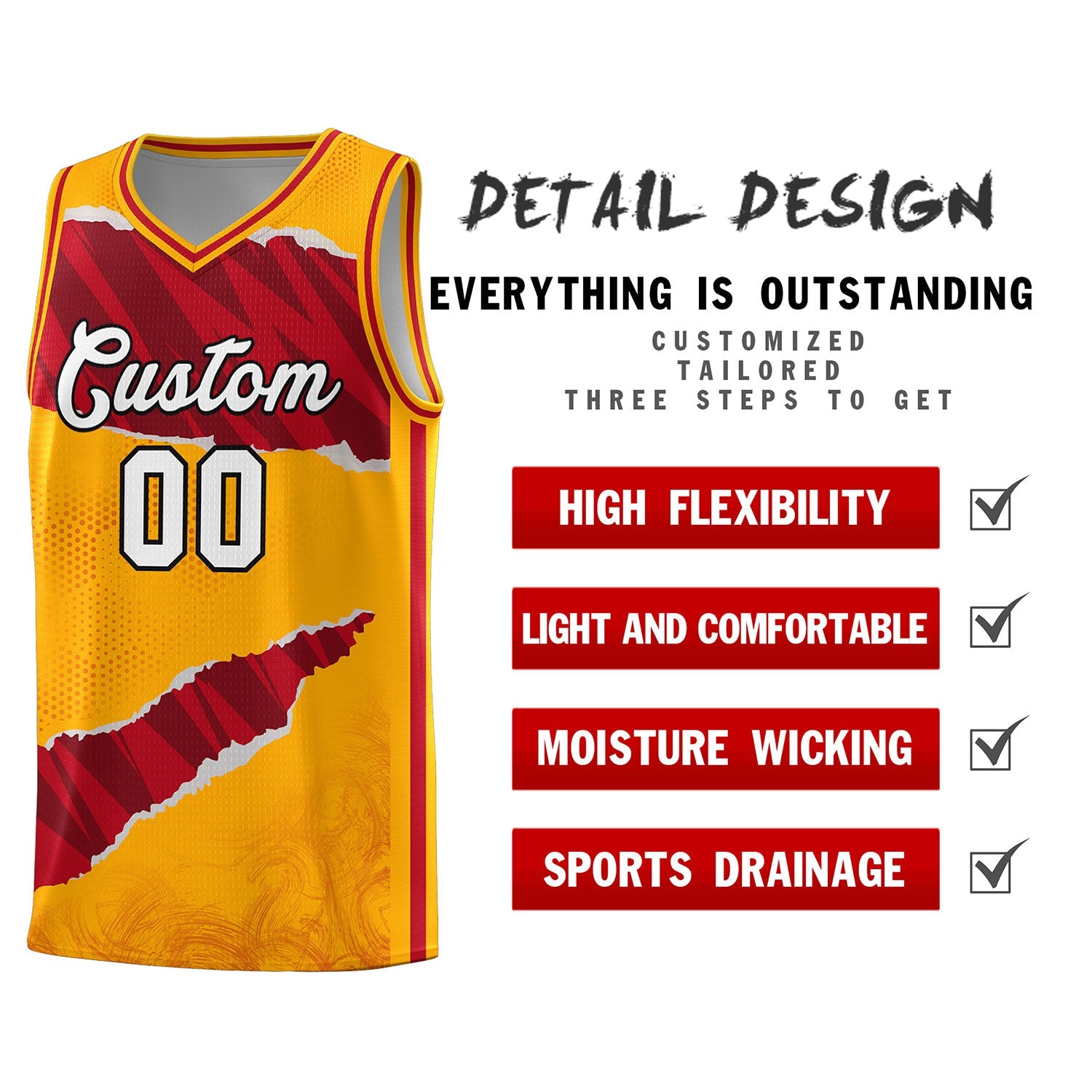 Custom Yellow Red-Black Tear Graffiti Pattern Sports Uniform Basketball Jersey