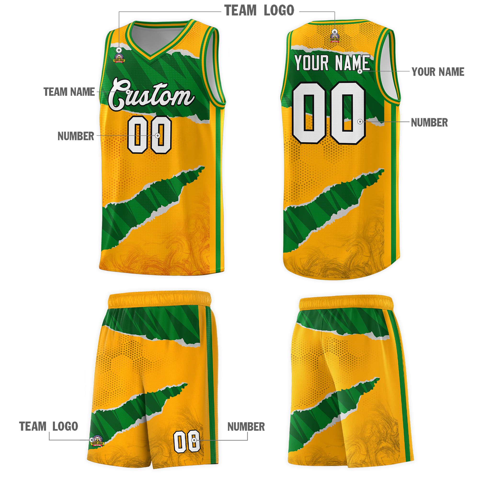 Custom Yellow Kelly Green-Hunter Green Tear Graffiti Pattern Sports Uniform Basketball Jersey