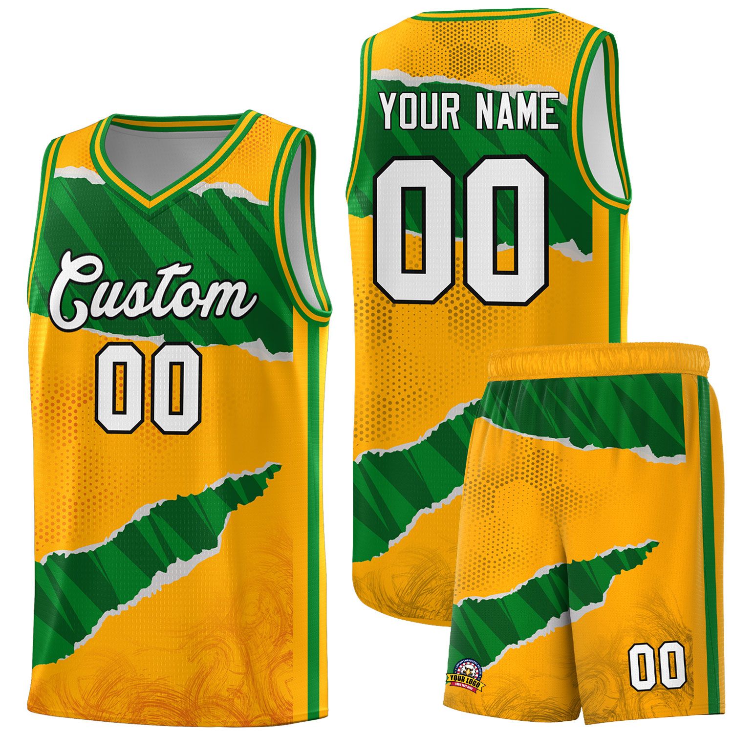 Custom Yellow Kelly Green-Hunter Green Tear Graffiti Pattern Sports Uniform Basketball Jersey