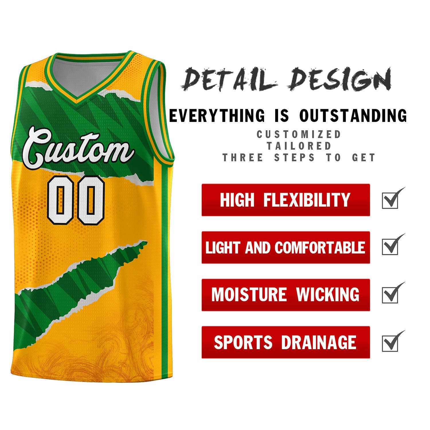 Custom Yellow Kelly Green-Hunter Green Tear Graffiti Pattern Sports Uniform Basketball Jersey