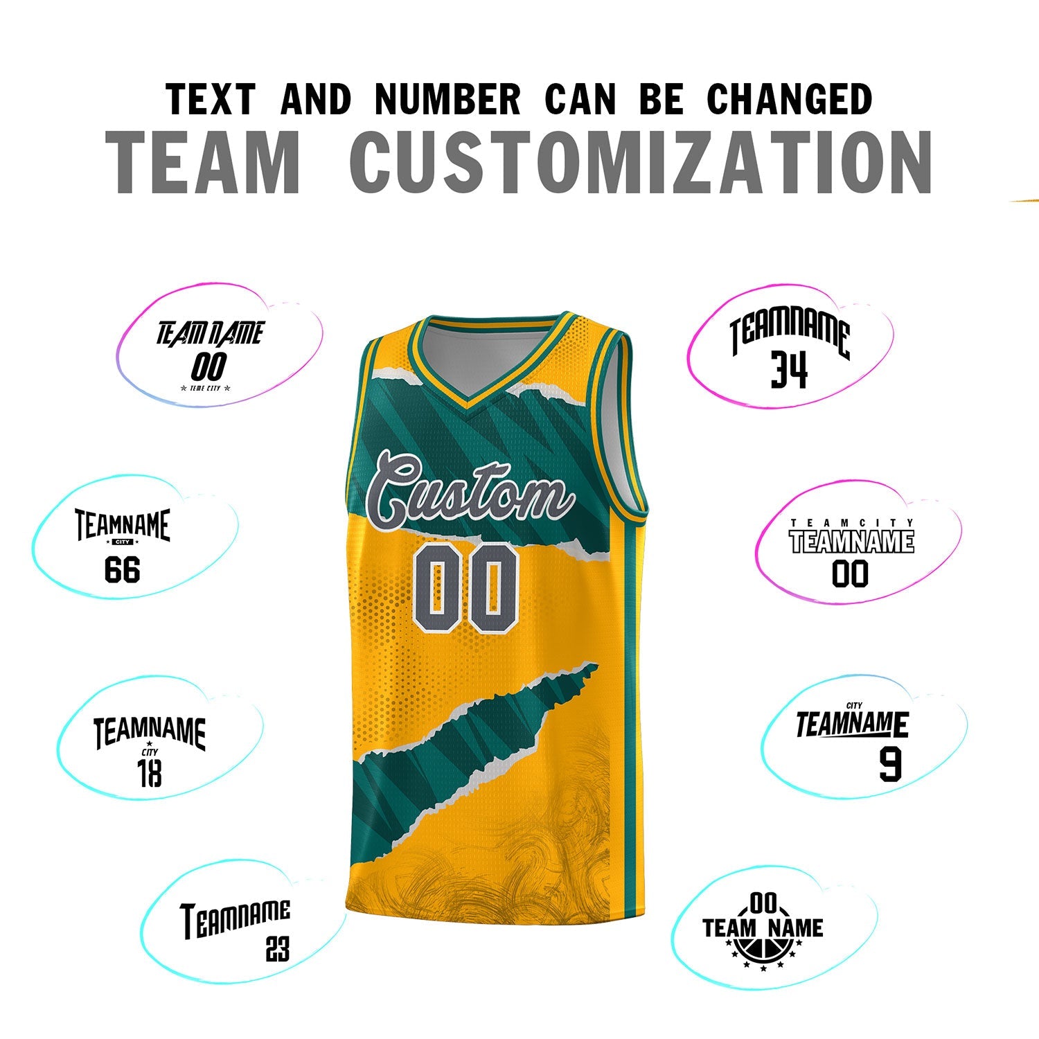 Custom Yellow Aqua-Black Tear Graffiti Pattern Sports Uniform Basketball Jersey