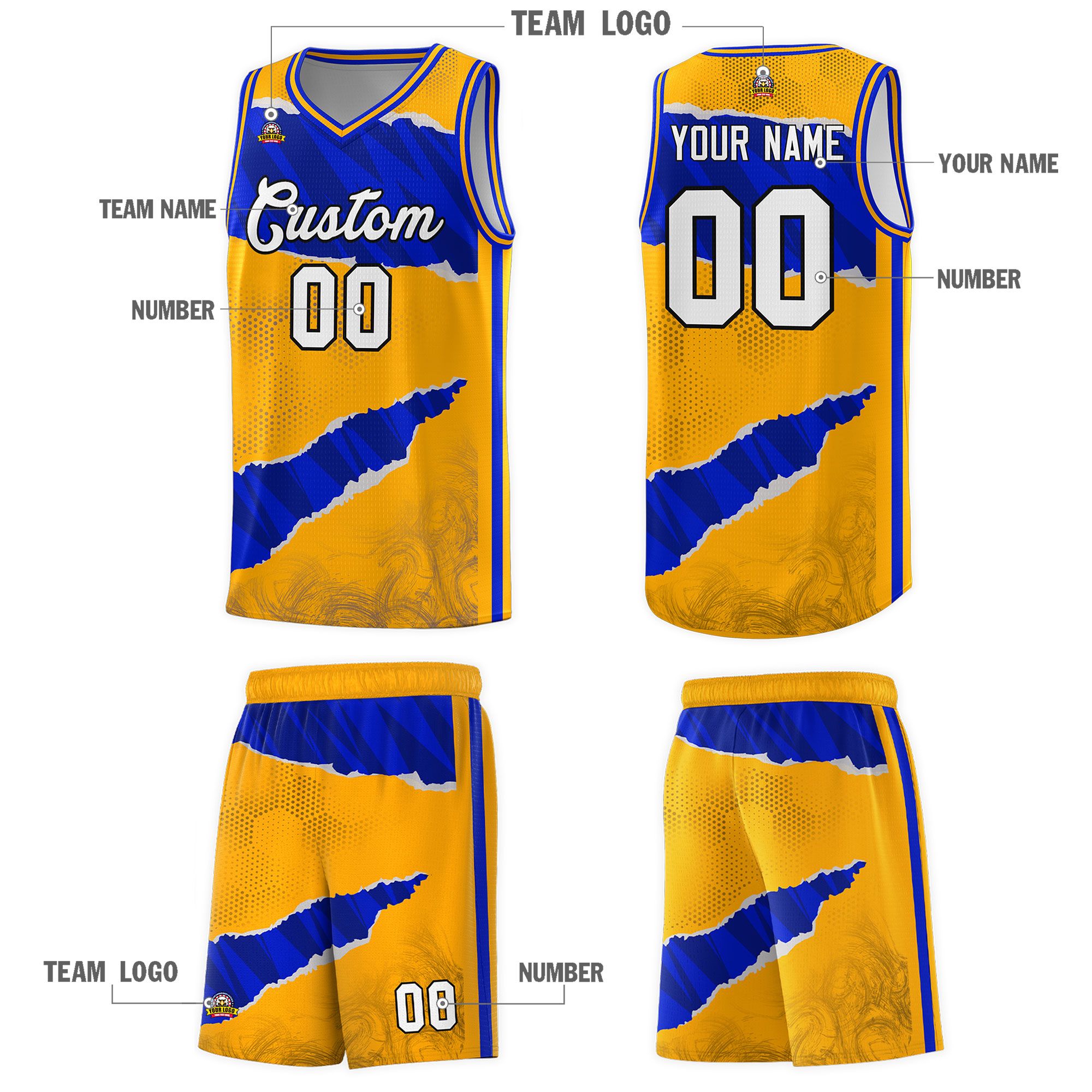 Custom Yellow Royal-Navy Tear Graffiti Pattern Sports Uniform Basketball Jersey