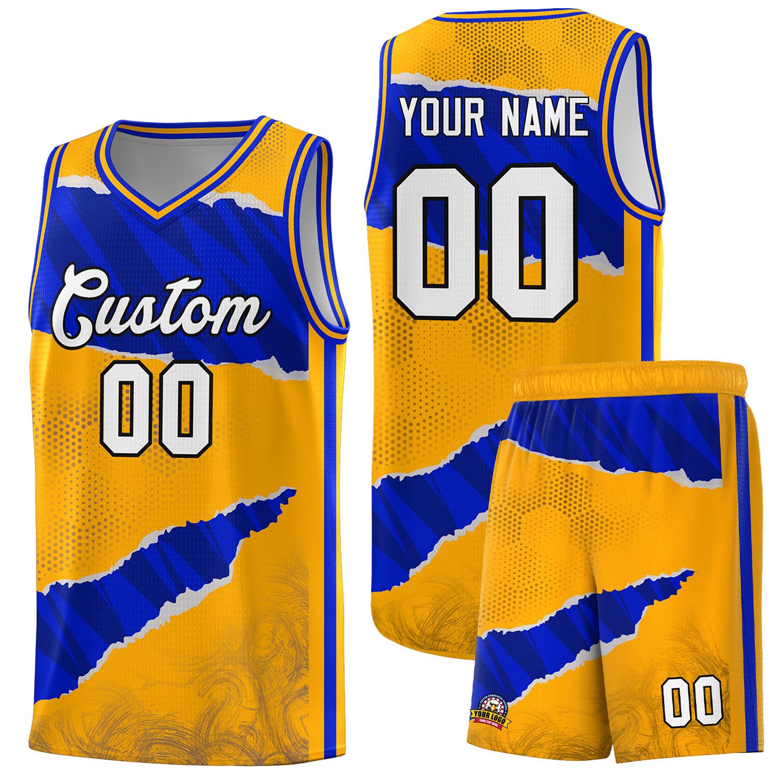 Custom Yellow Royal-Navy Tear Graffiti Pattern Sports Uniform Basketball Jersey