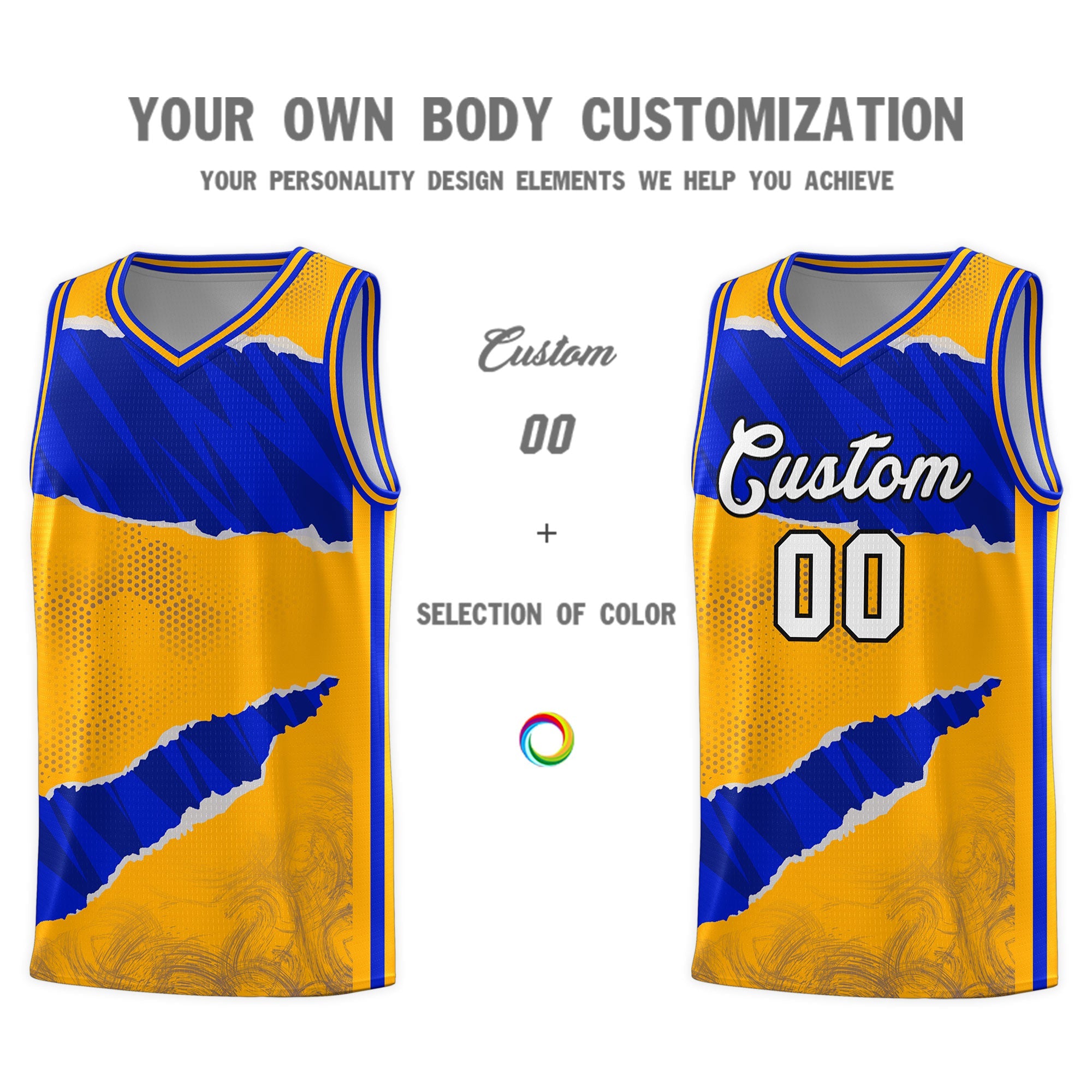 Custom Yellow Royal-Navy Tear Graffiti Pattern Sports Uniform Basketball Jersey