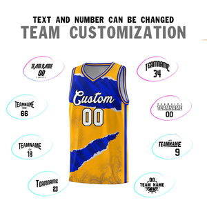 Custom Yellow Royal-Navy Tear Graffiti Pattern Sports Uniform Basketball Jersey