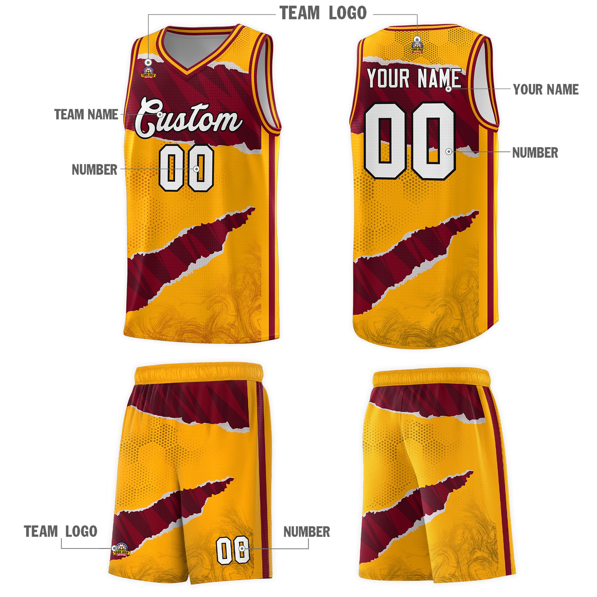 Custom Yellow Crimson-Black Tear Graffiti Pattern Sports Uniform Basketball Jersey