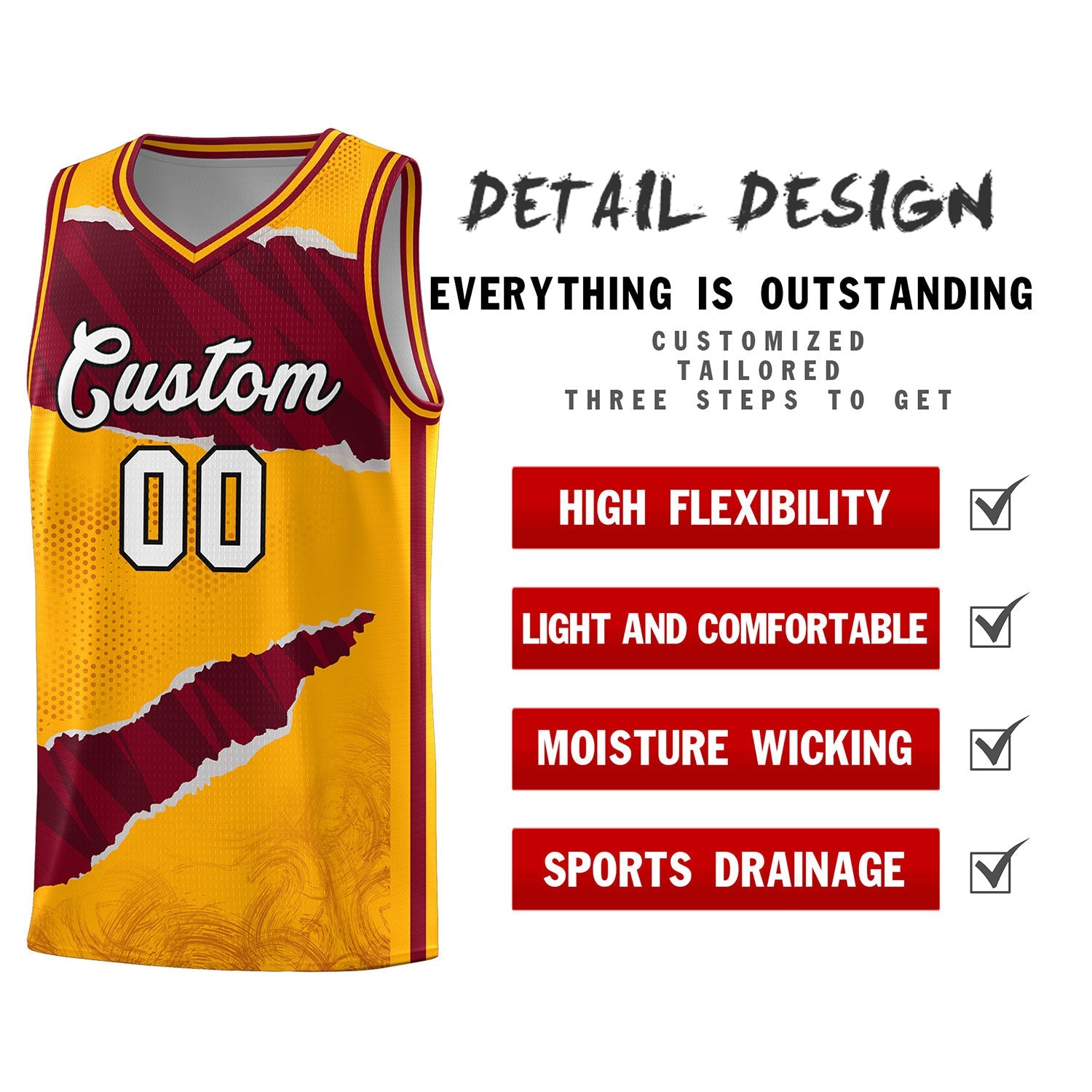 Custom Yellow Crimson-Black Tear Graffiti Pattern Sports Uniform Basketball Jersey