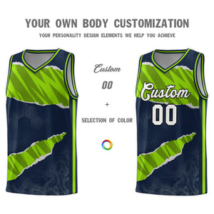 Custom Navy Neon Green-Black Tear Graffiti Pattern Sports Uniform Basketball Jersey