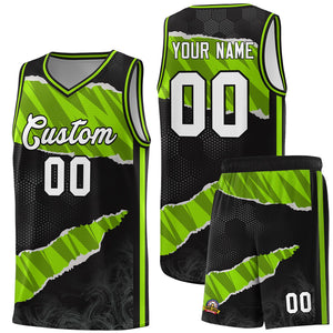 Custom Black Neon Green-Black Tear Graffiti Pattern Sports Uniform Basketball Jersey