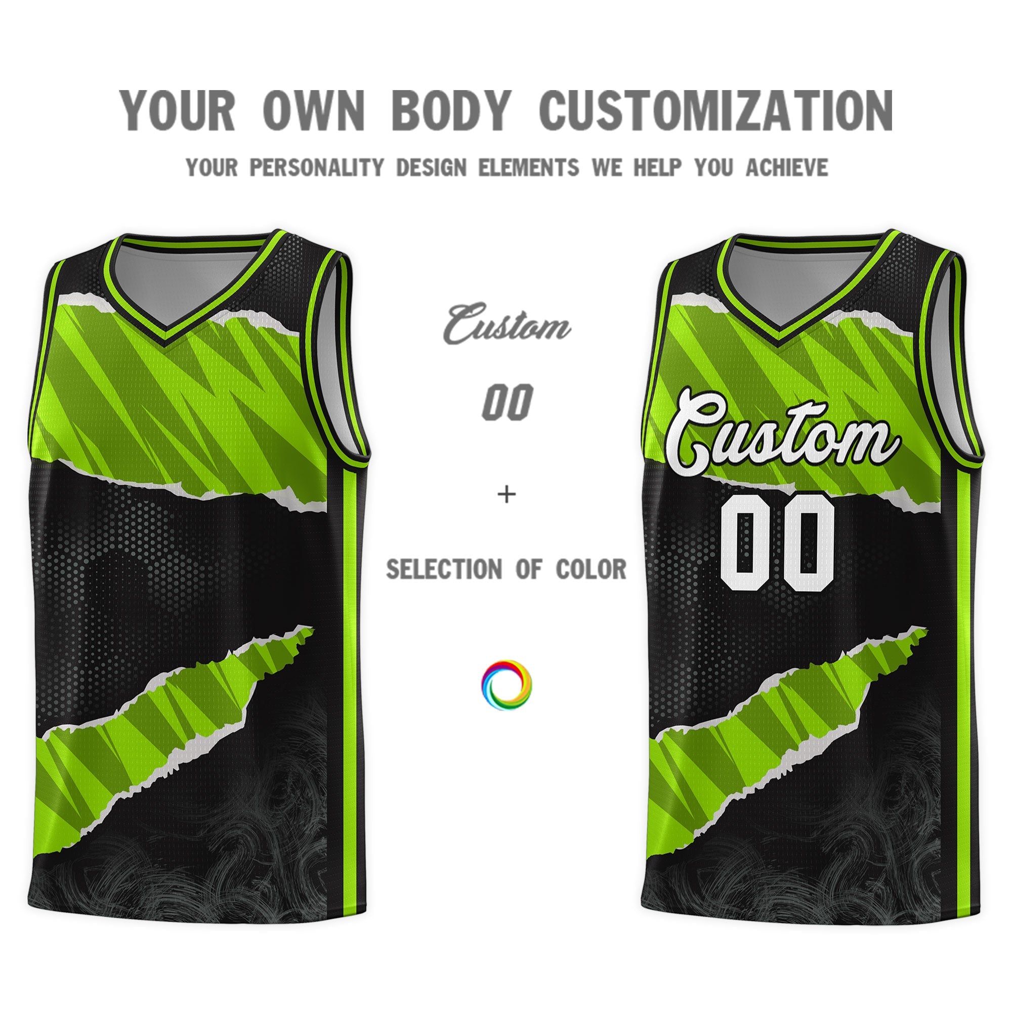 Custom Black Neon Green-Black Tear Graffiti Pattern Sports Uniform Basketball Jersey