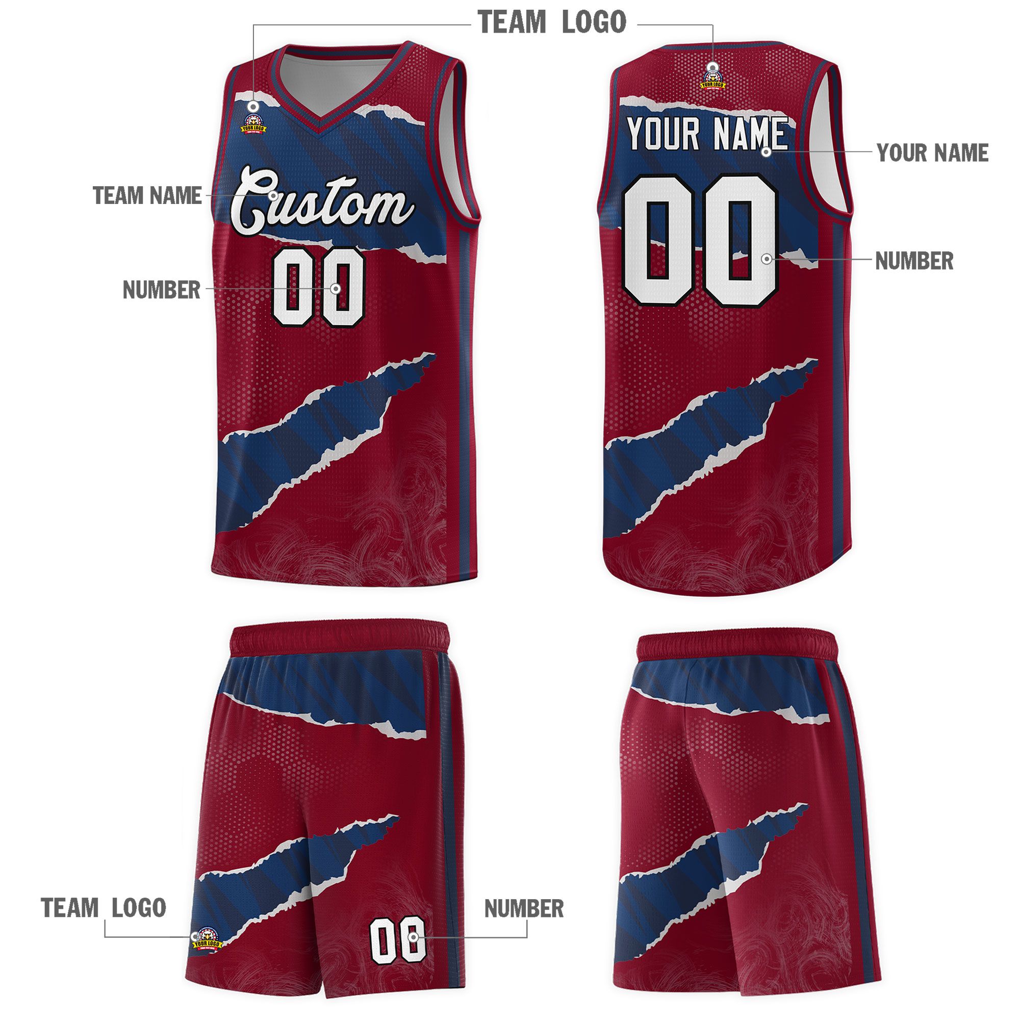 Custom Crimson Navy-Crimson Tear Graffiti Pattern Sports Uniform Basketball Jersey