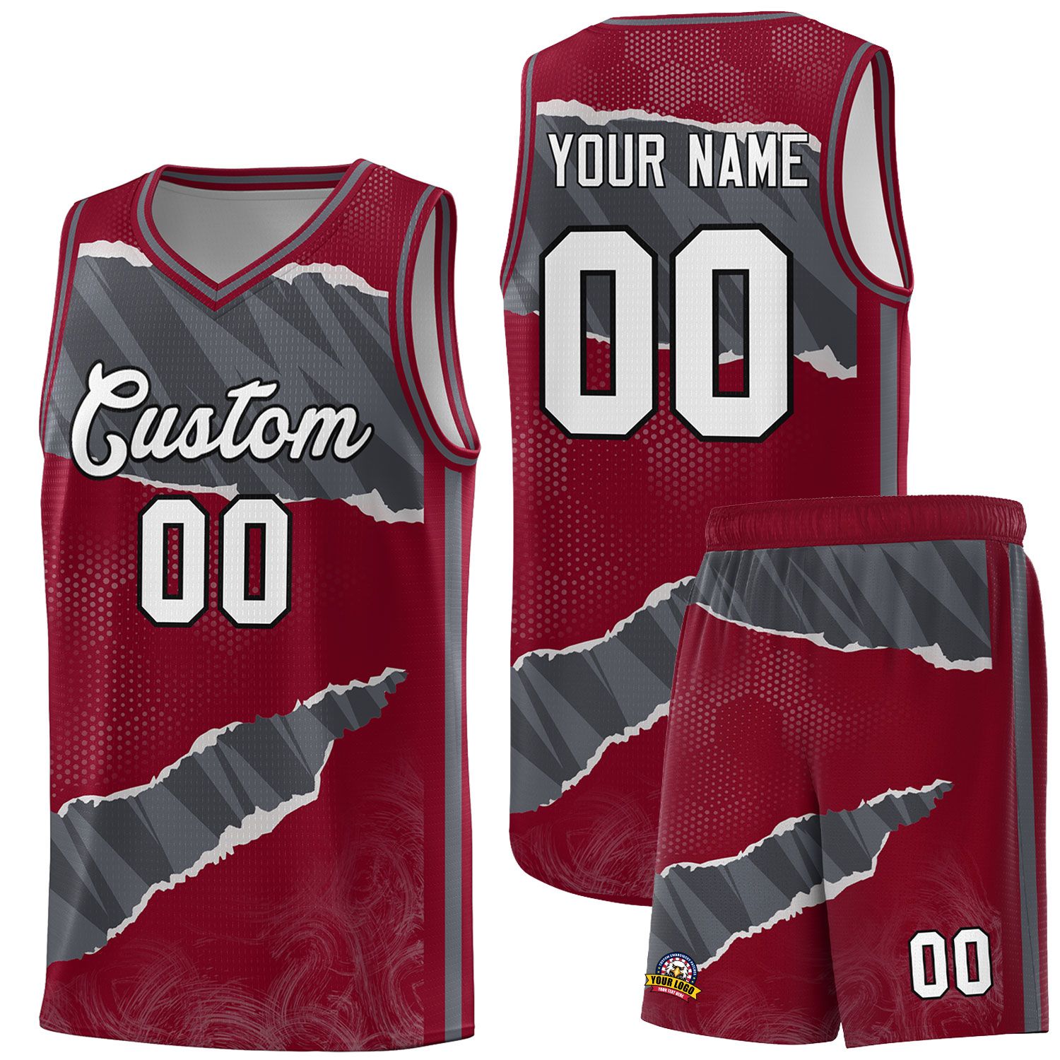 Custom Crimson Gray-Dark Gray Tear Graffiti Pattern Sports Uniform Basketball Jersey