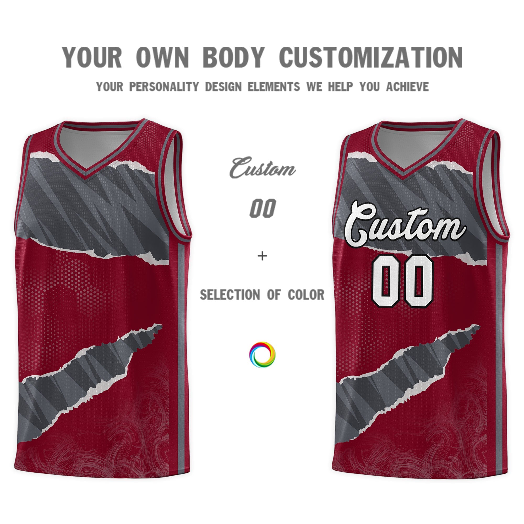 Custom Crimson Gray-Dark Gray Tear Graffiti Pattern Sports Uniform Basketball Jersey