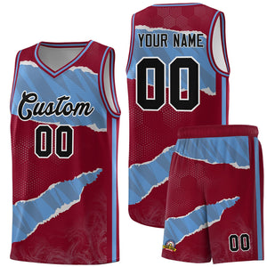 Custom Crimson Light Blue-Crimson Tear Graffiti Pattern Sports Uniform Basketball Jersey