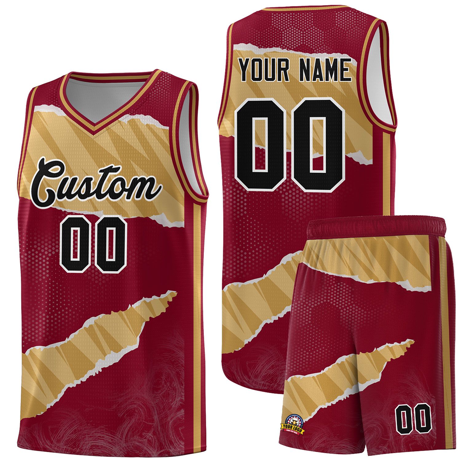 Custom Crimson Old Gold-Old Gold Tear Graffiti Pattern Sports Uniform Basketball Jersey