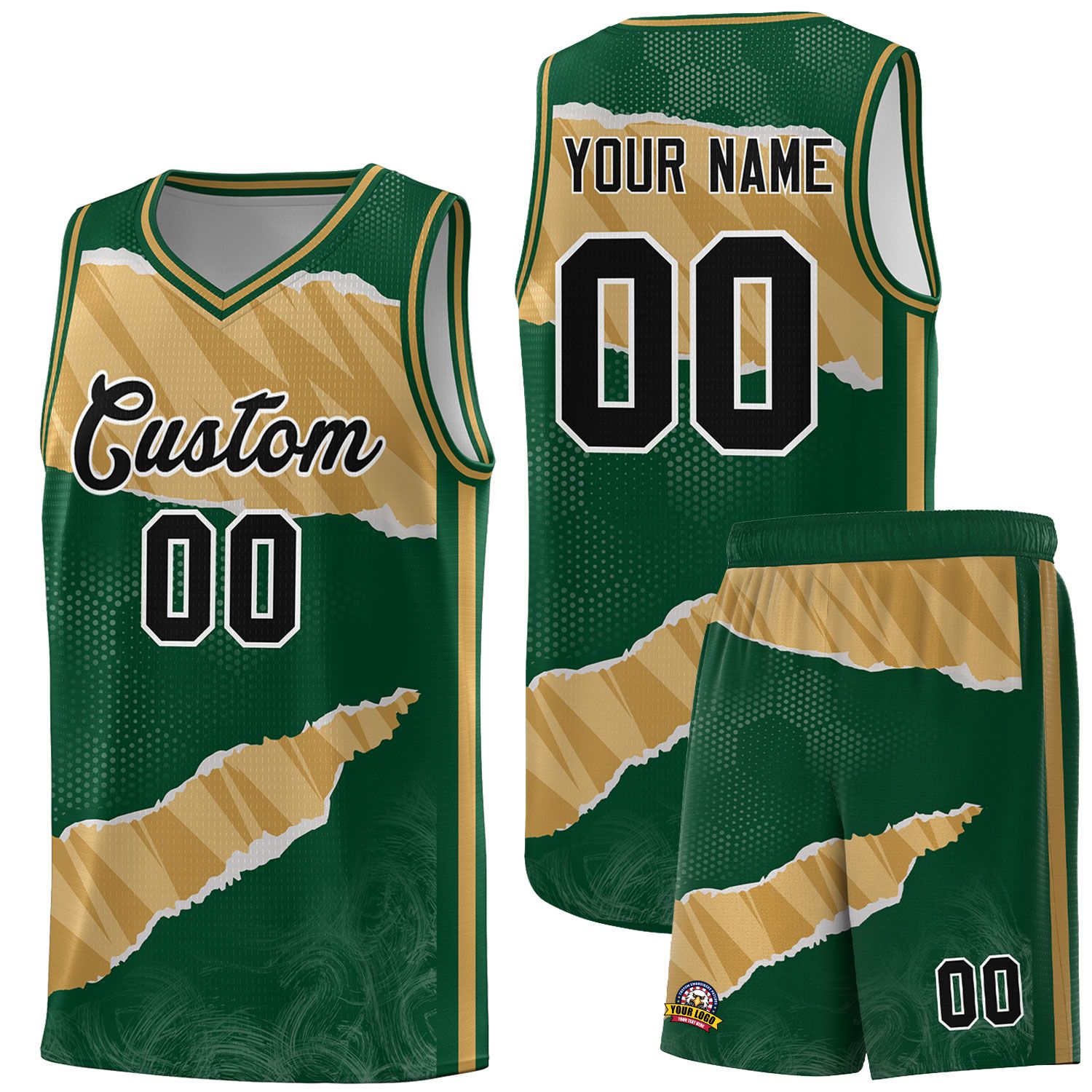 Custom Hunter Green Old Gold-Old Gold Tear Graffiti Pattern Sports Uniform Basketball Jersey