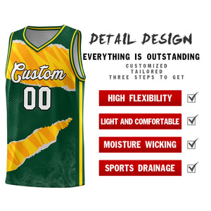 Custom Hunter Green Gold-Orange Tear Graffiti Pattern Sports Uniform Basketball Jersey