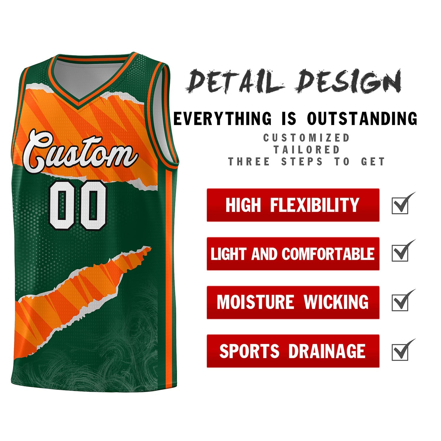 Custom Hunter Green Orange-Gold Tear Graffiti Pattern Sports Uniform Basketball Jersey