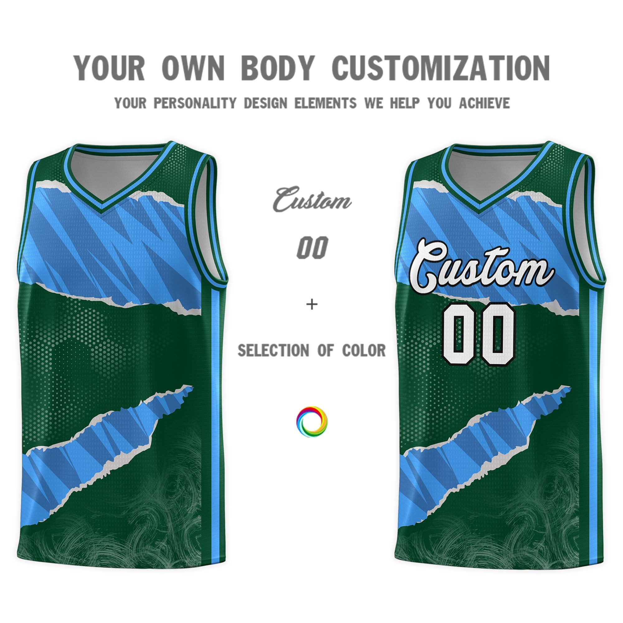 Custom Hunter Green Light Blue-Navy Tear Graffiti Pattern Sports Uniform Basketball Jersey