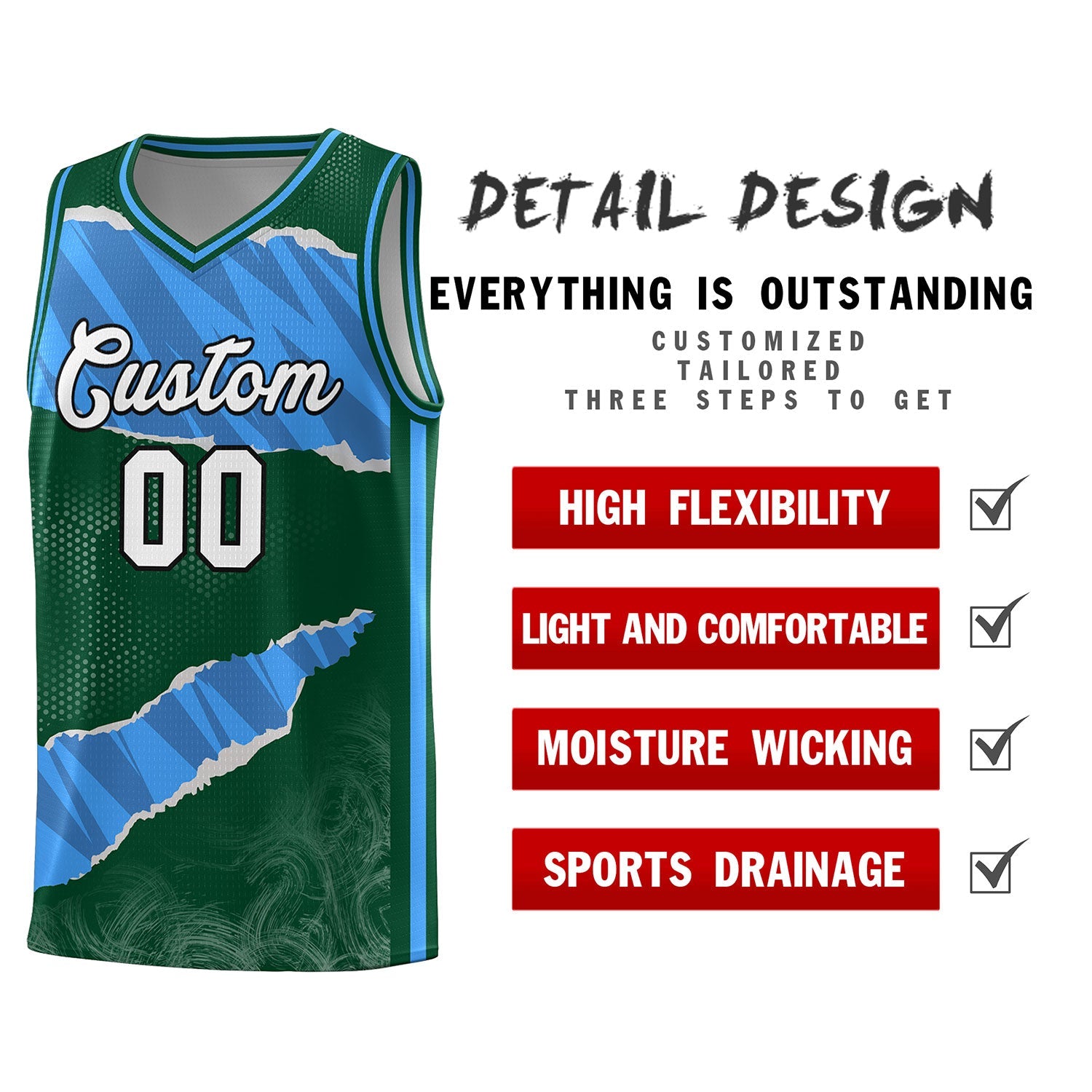 Custom Hunter Green Light Blue-Navy Tear Graffiti Pattern Sports Uniform Basketball Jersey