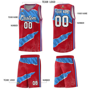 Custom Red Light Blue-Navy Tear Graffiti Pattern Sports Uniform Basketball Jersey