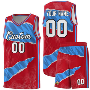 Custom Red Light Blue-Navy Tear Graffiti Pattern Sports Uniform Basketball Jersey