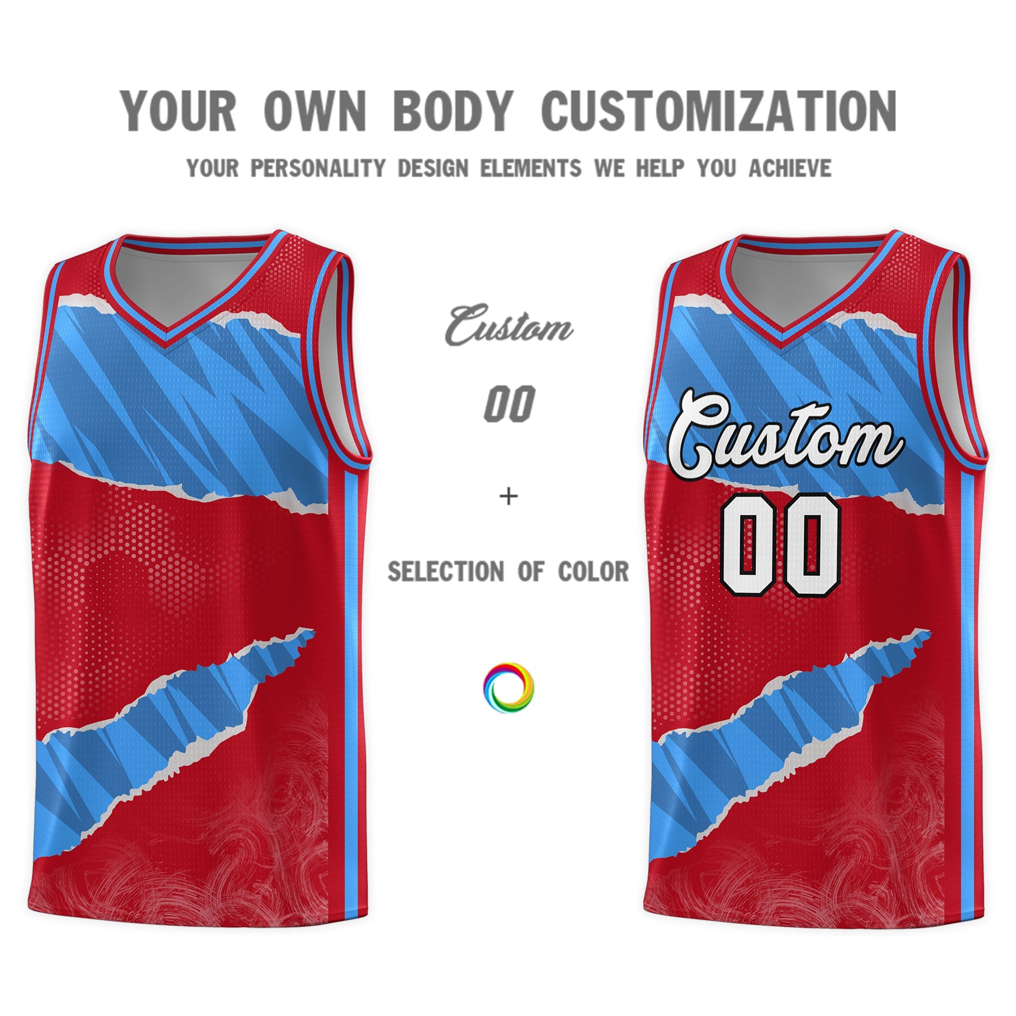 Custom Red Light Blue-Navy Tear Graffiti Pattern Sports Uniform Basketball Jersey