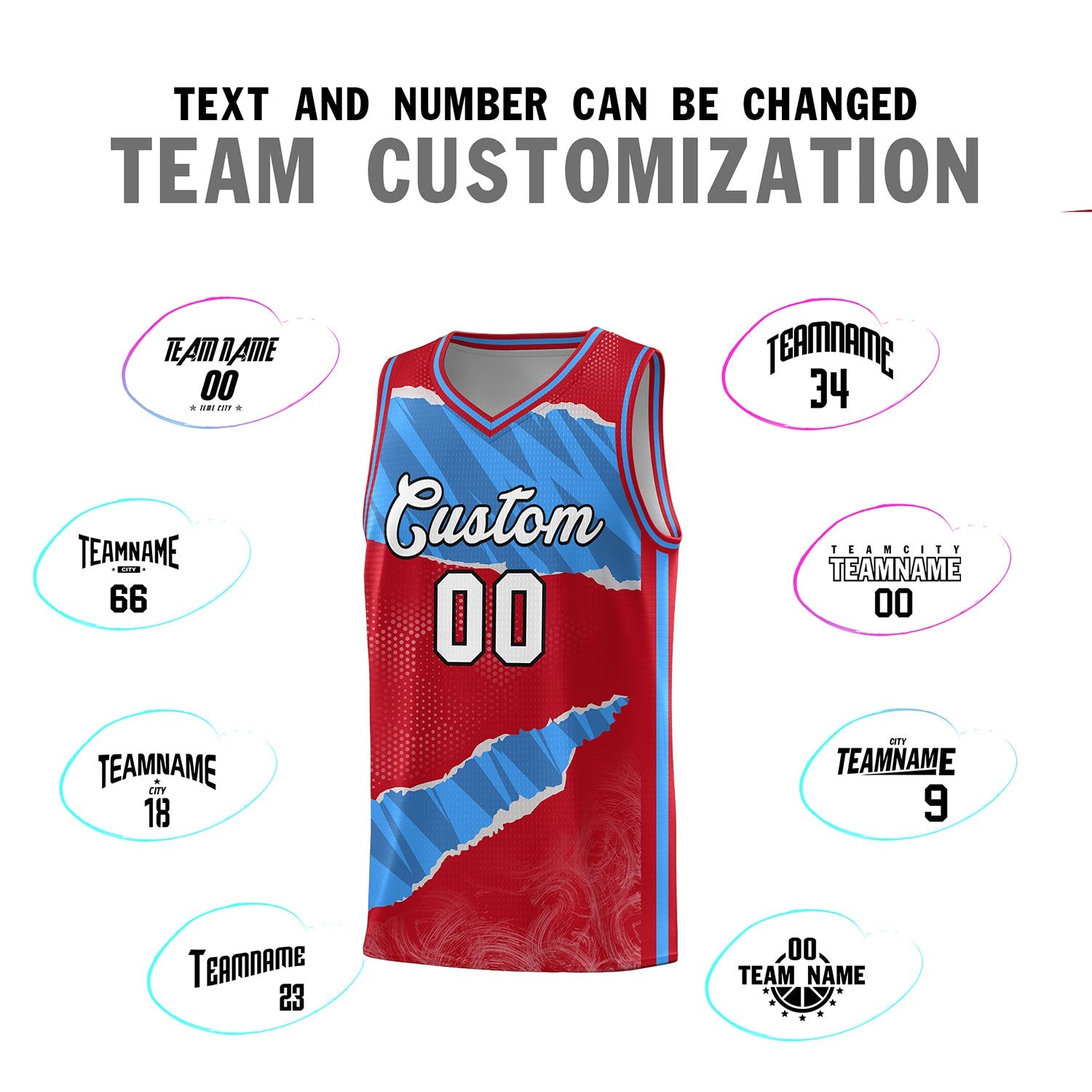 Custom Red Light Blue-Navy Tear Graffiti Pattern Sports Uniform Basketball Jersey