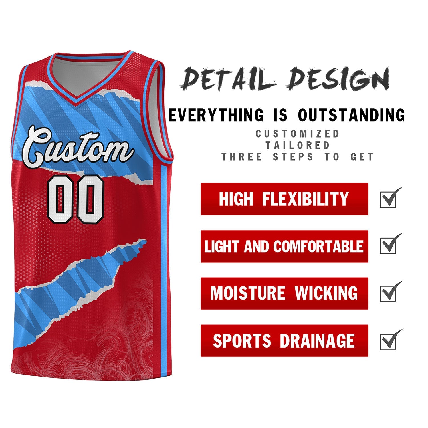 Custom Red Light Blue-Navy Tear Graffiti Pattern Sports Uniform Basketball Jersey