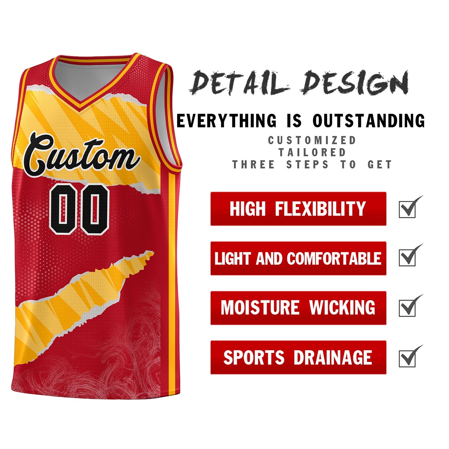 Custom Red Gold-White Tear Graffiti Pattern Sports Uniform Basketball Jersey