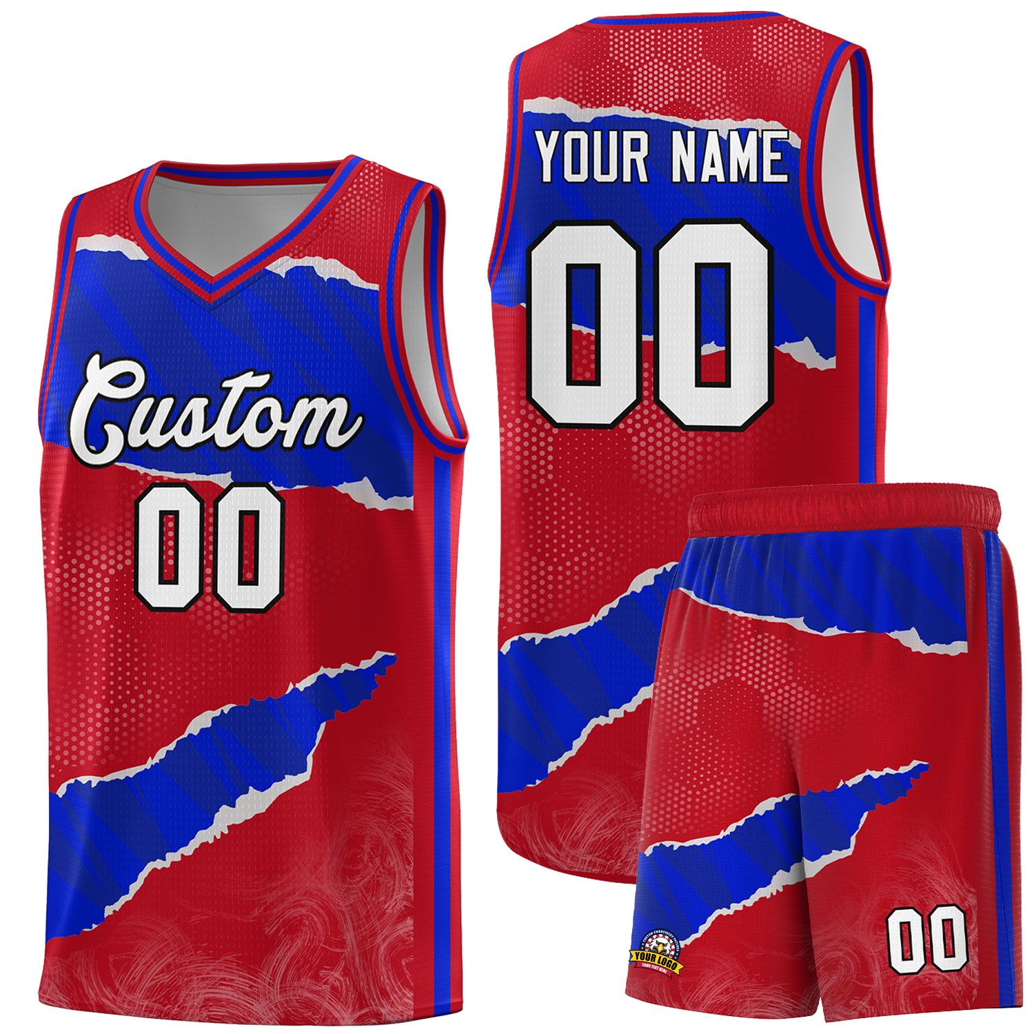 Custom Red Royal-Black Tear Graffiti Pattern Sports Uniform Basketball Jersey