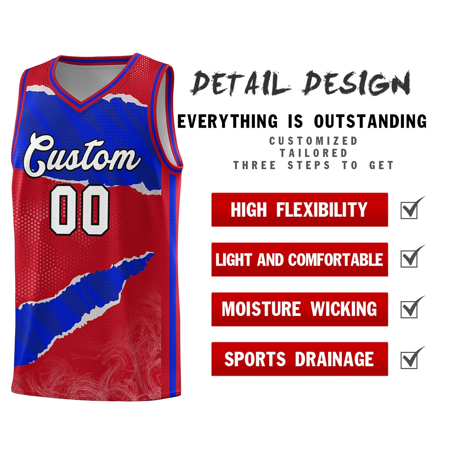 Custom Red Royal-Black Tear Graffiti Pattern Sports Uniform Basketball Jersey