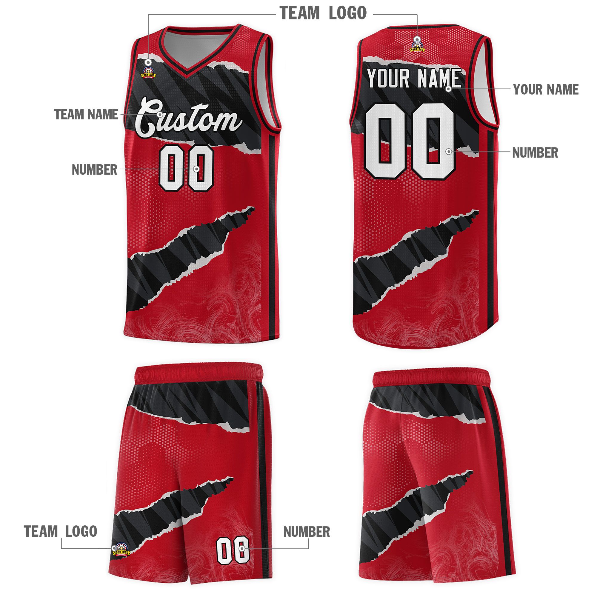 Custom Red Black-White Tear Graffiti Pattern Sports Uniform Basketball Jersey