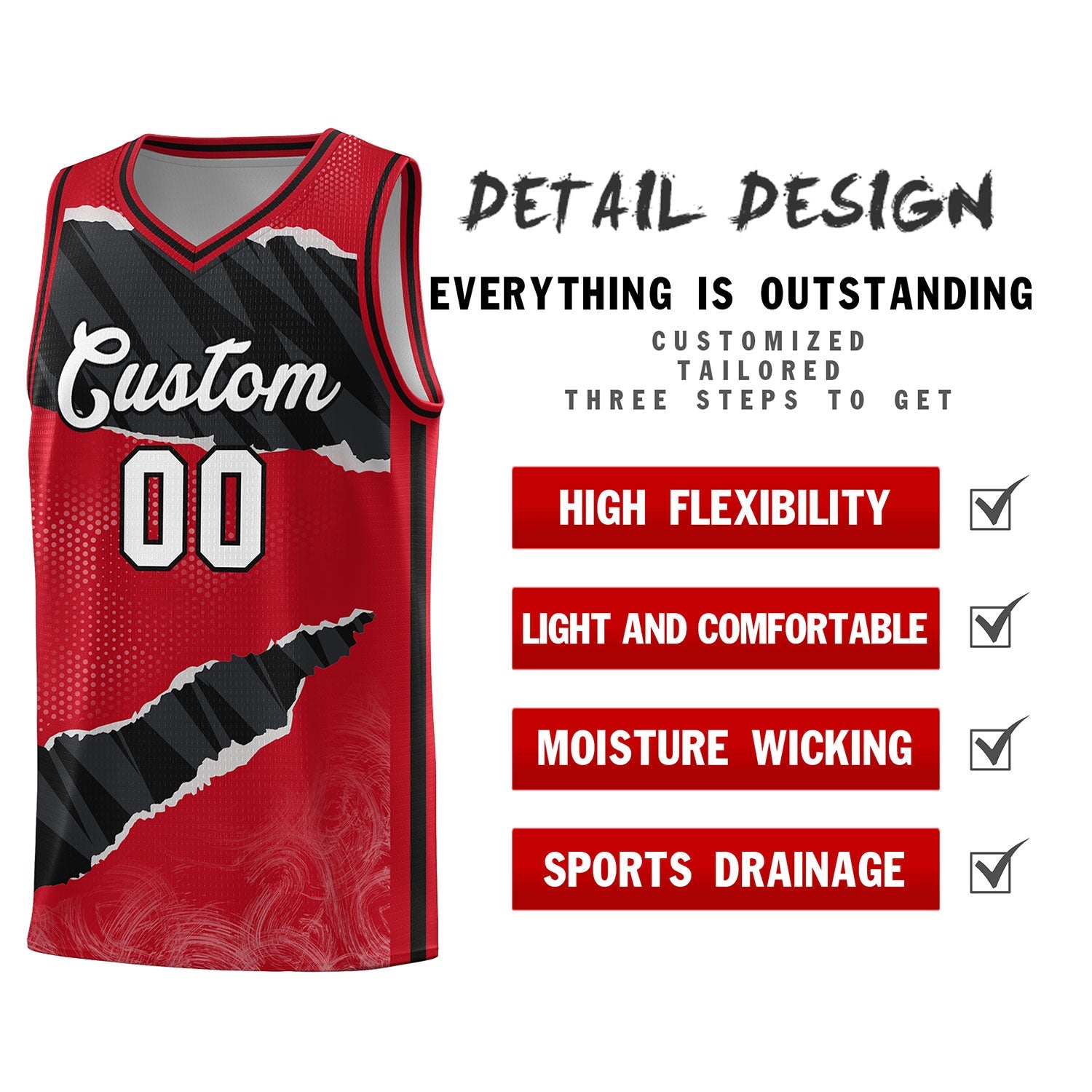 Custom Red Black-White Tear Graffiti Pattern Sports Uniform Basketball Jersey