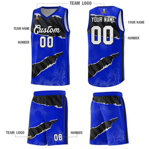 Custom Royal Black-White Tear Graffiti Pattern Sports Uniform Basketball Jersey