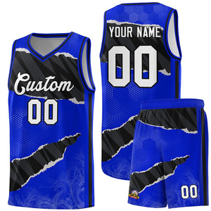 Custom Royal Black-White Tear Graffiti Pattern Sports Uniform Basketball Jersey