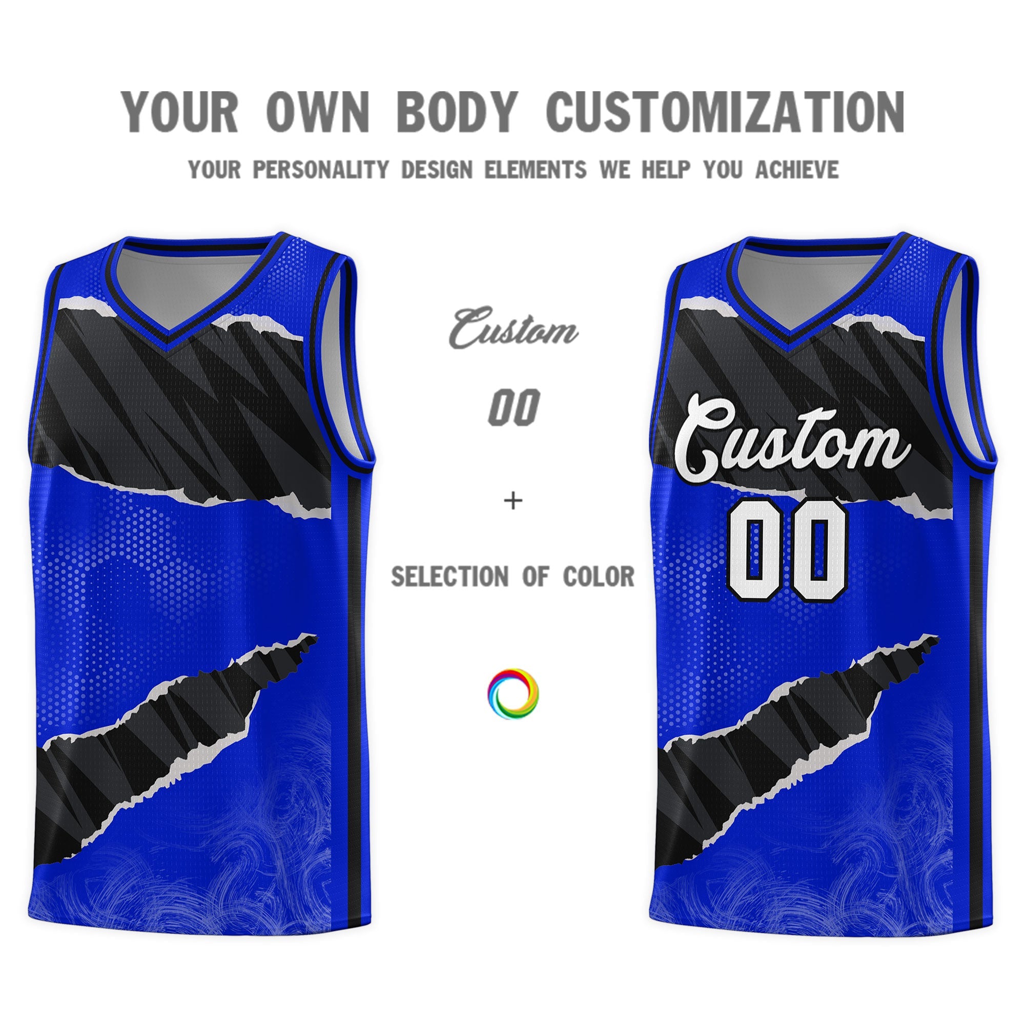 Custom Royal Black-White Tear Graffiti Pattern Sports Uniform Basketball Jersey