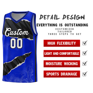 Custom Royal Black-White Tear Graffiti Pattern Sports Uniform Basketball Jersey