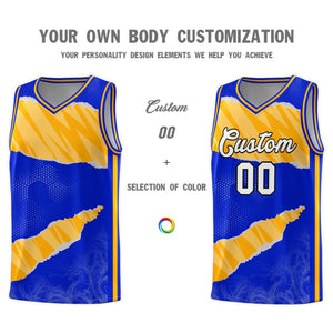 Custom Royal Gold-White Tear Graffiti Pattern Sports Uniform Basketball Jersey