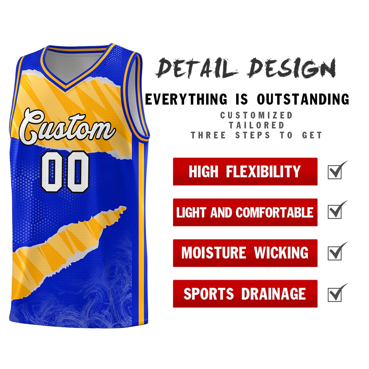 Custom Royal Gold-White Tear Graffiti Pattern Sports Uniform Basketball Jersey