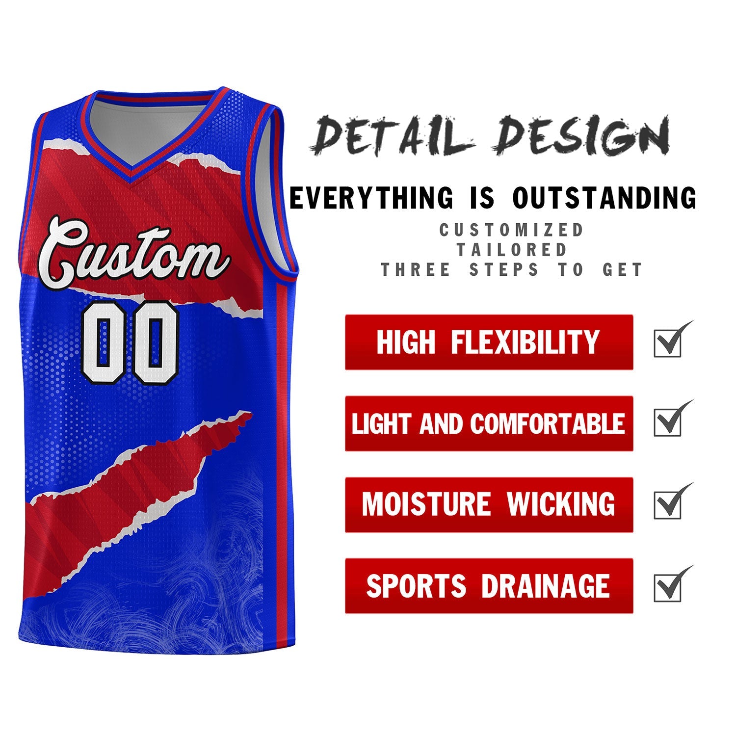 Custom Royal Red-Crimson Tear Graffiti Pattern Sports Uniform Basketball Jersey