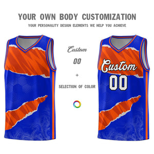 Custom Royal Orange-Black Tear Graffiti Pattern Sports Uniform Basketball Jersey