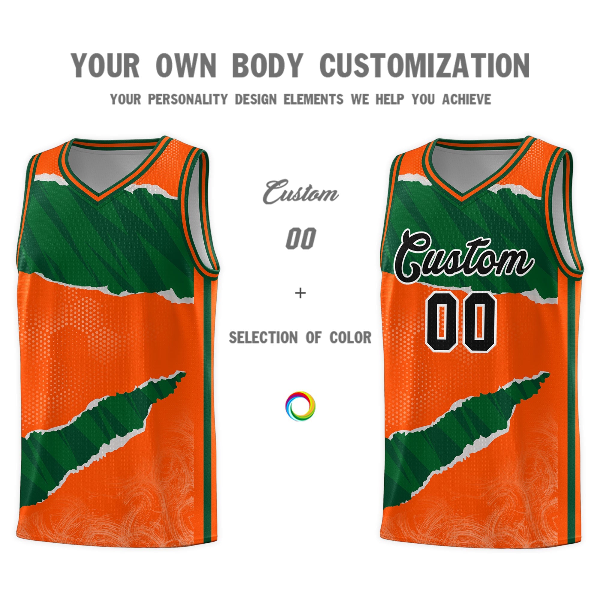 Custom Orange Green-Black Tear Graffiti Pattern Sports Uniform Basketball Jersey