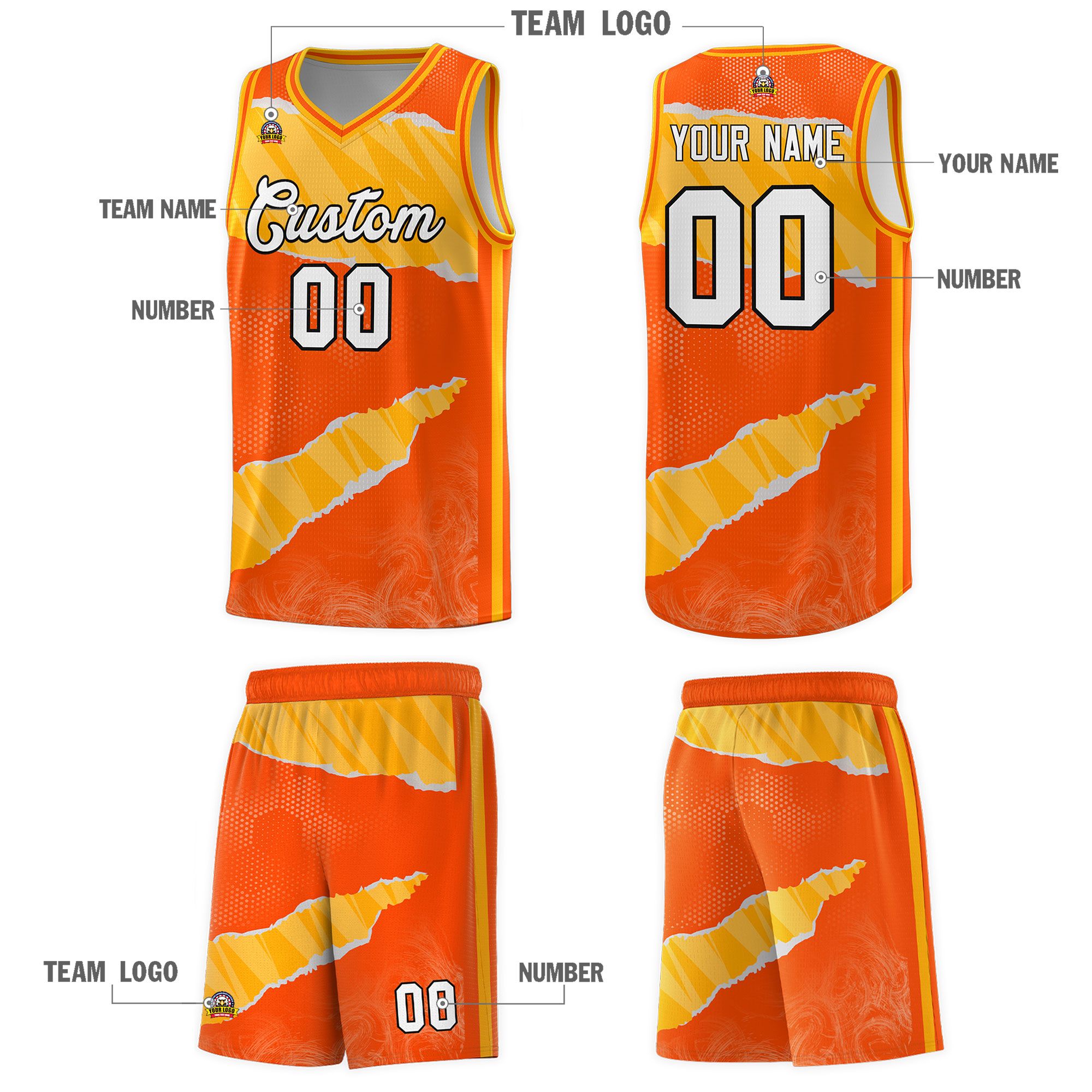 Custom Orange Yellow-White Tear Graffiti Pattern Sports Uniform Basketball Jersey