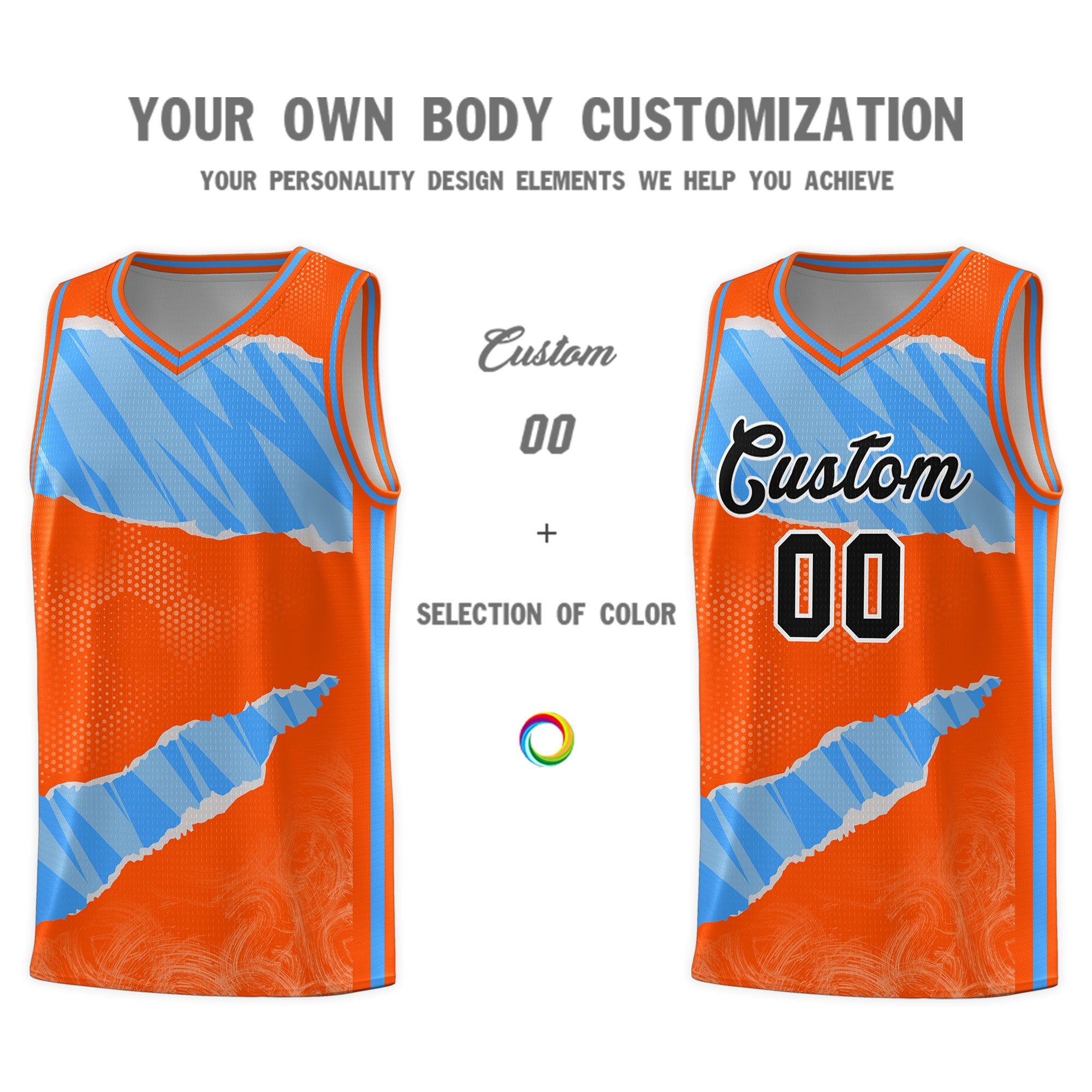 Custom Orange Light Blue-White Tear Graffiti Pattern Sports Uniform Basketball Jersey